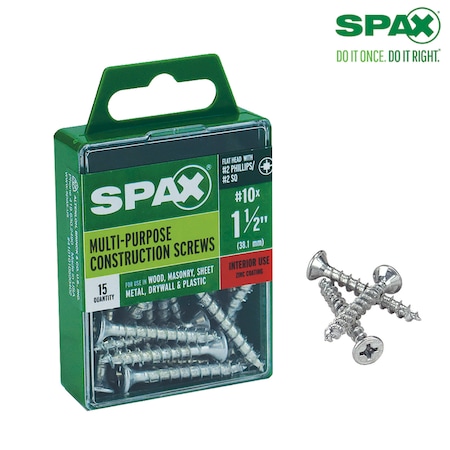 Spax Sheet Metal Screw, #10 x 1-1/2 in, Zinc Plated Steel Flat Head Square Drive 4101010500402